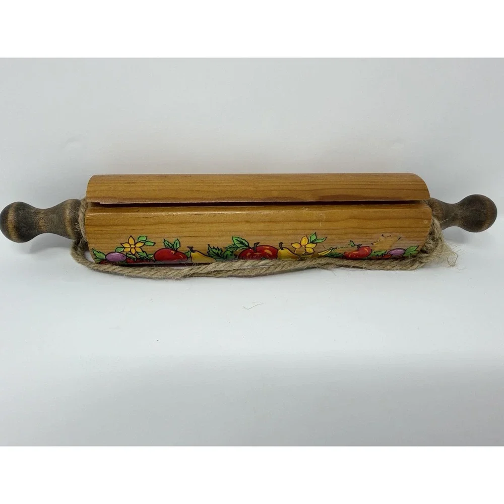 Vintage Wooden Rolling Pin Recipe Card Holder Fruit Design Kitchen Decor